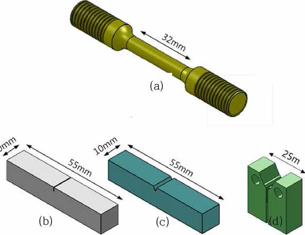 Schematic drawing for test specimens: (a) rod-type tensile, (b) ST-PCVN, (c) Charpy impact, (d) 1/2T-CT