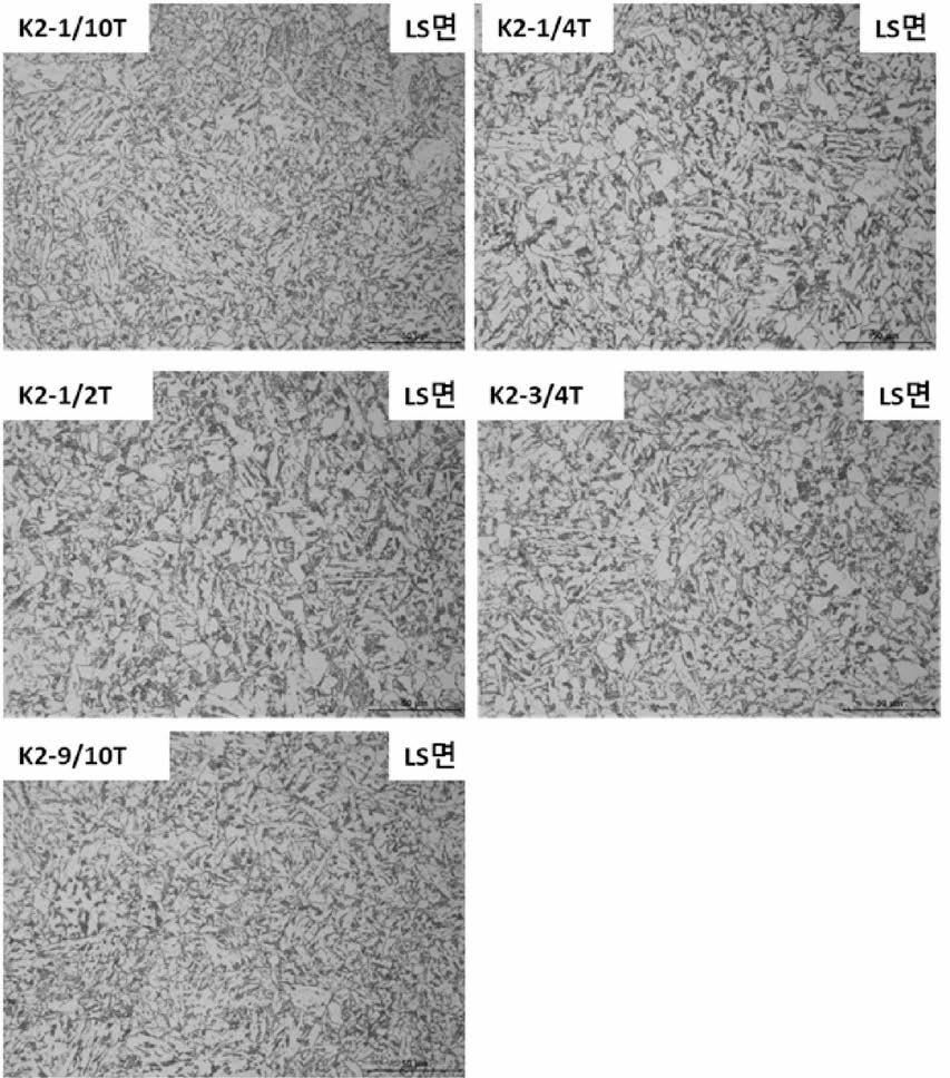 OM microstructure images of K2 base materials in 1/10T, 1/4T, 1/2T, 3/4T, and 9/10T positions