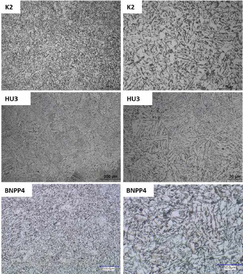 Comparison of OM microstructure images of K2, HU3, and BNPP4 base materials