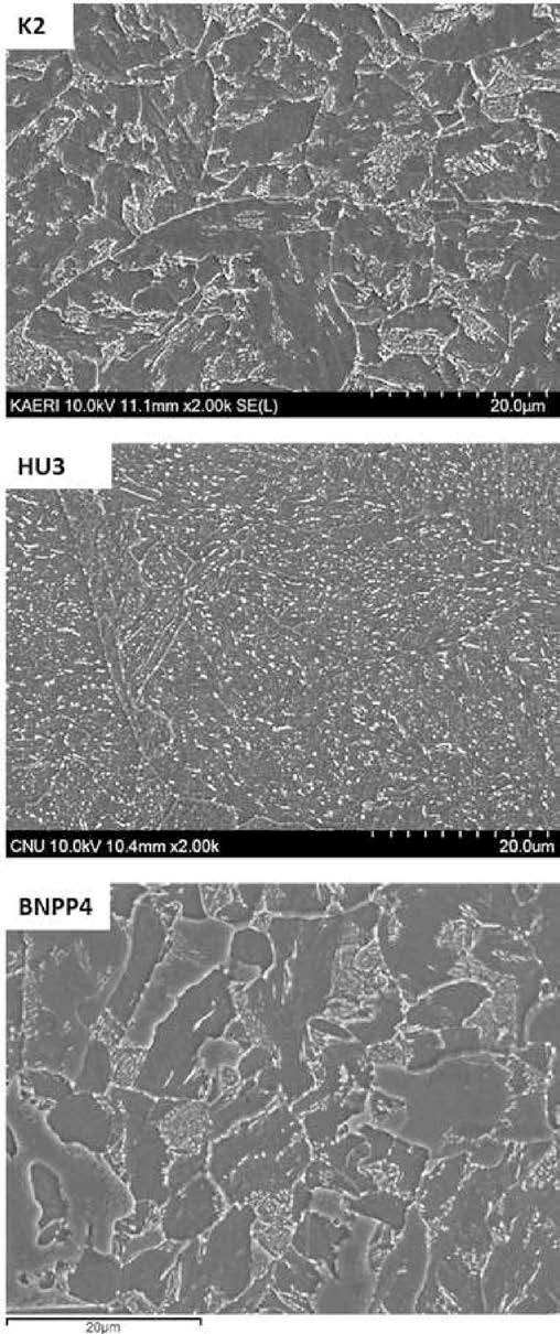 Comparison of OM microstructure images of K2, HU3, and BNPP4 base materials