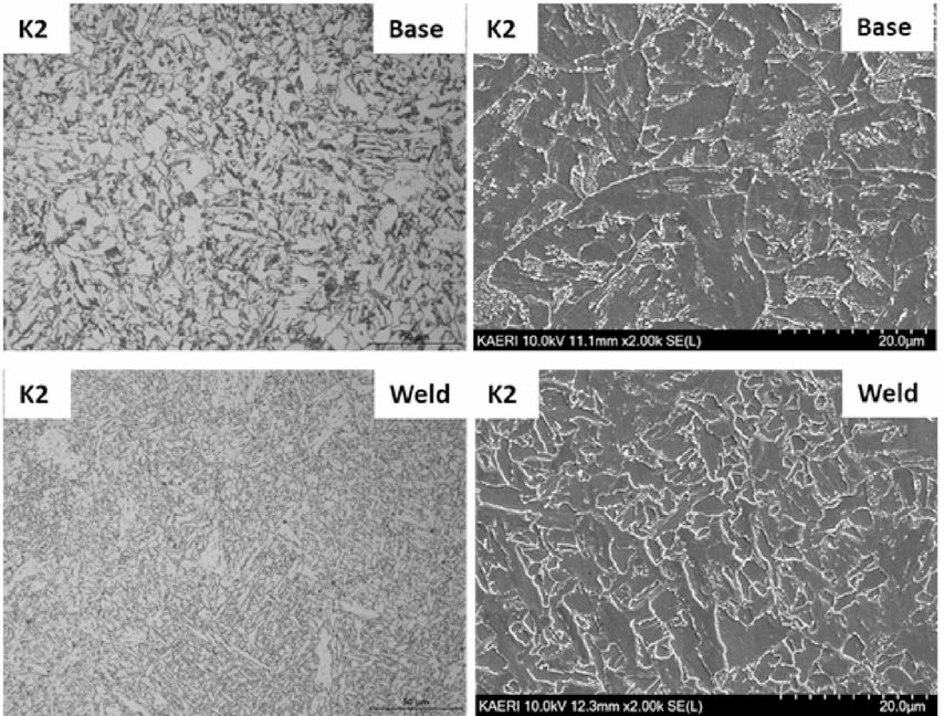 Comparison of microstructure images of K2 base and weld materials