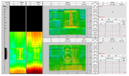 MRPC plus point coil signals of tube support plate in tube region with suspected defect, raw and process(P1) channel