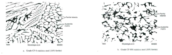CF8과 CF8M 주조스테인리스강의 미세조직