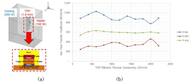(a) 수치해석 도메인 (b) 유효 열전도에 따른 TPP 상/하면의 평균 열전달 계수 수치해석