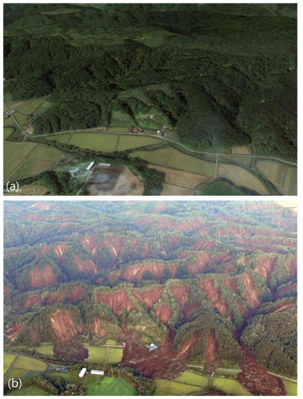본 아쓰마마을 인근 2018 훗카이도 지진(규모 6.7) 유발 산사태 전경: (a) 지진 전; (b) 지진 후