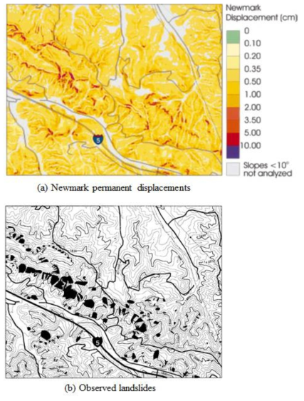 예측한 영구변위와 관측한 지진유발 사면붕괴를 보여주는 지도 (Northridge Earthquake, Oat Mountain Quadrangle, LA, Jibson et al., 2000)