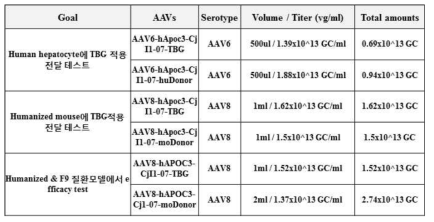 3차년도에 생산한 high titer AAV 종류 및 사용 목적