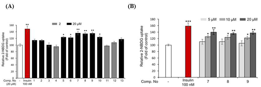Effects of compounds 1-13 on glucose uptake in 3T3-L1 adipocytes using a fluorescent derivative of glucose 2-NBDG