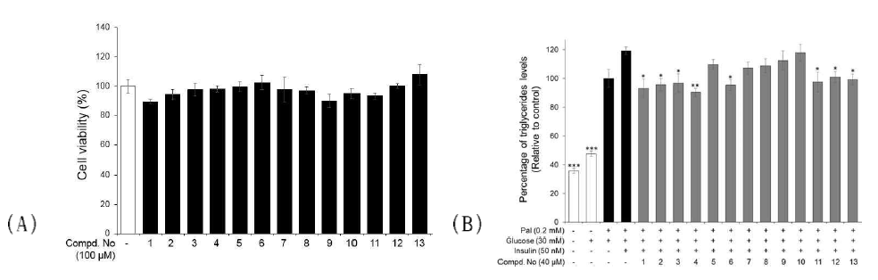 Cytotoxicity effects of isolated compounds (1-13) on the HepG2 cells(A), Inhibitory effects of the isolated compounds from Sicyos angulatus on the high-glucose and high-palmitic acid induced lipid accumulation