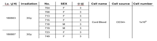 인간화 생쥐 구축 조건 인간화 새쥐를 구축하기 위하여 각 생쥐의 성별과 주령, 면역세포를 사멸하기 위한 조사 조건, 이식시킨 세포의 종류와 수를 정리한 표. I.v.=꼬리 정맥 내 이식, irradiation=방사선 조사 조건, No.=생쥐 identification number, F=female, M=male, cell number=이식한 세포