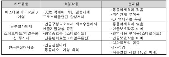 퇴행성관절염 치료법 현황 및 문제점