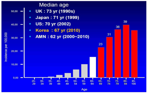 미국의 연령별 다발 골수종 발생 현황(SEER database review 1975-2010)