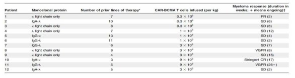 다발골수종 환자에서 anti-BCMA CAR-T 세포를 이용한 임상 1상 결과. 대부분의 환자에서 병의 진행이 억제되었으며(Stable disease 이상) 8번, 10번, 11번 환자에서는 very good partial response (VGPR)이상의 결과가 보고됨(Ali SA, et al. Blood 2016)