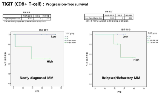 골수미세환경의 CD8+ T-cell에서 TIGIT 발현에 따른 생존분석