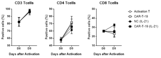 IL-21 싸이토카인 첨가에 따른 CAR-T 세포의 CD4/CD8 T 세포 분포 확인