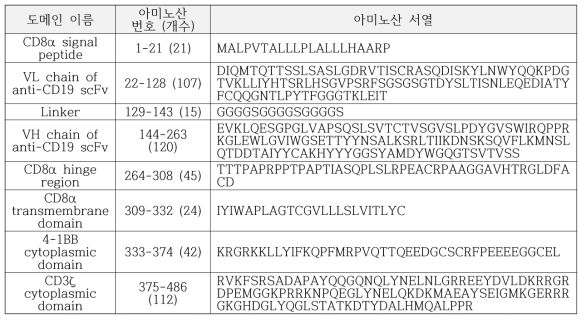 CAR의 기본 구조 및 아미노산 서열