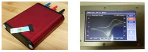 본 연구진이 선행 개발한 open-source 기반의 고성능 hand-held potentiostat(좌)과 측정 중인 디스플레이 화면(우)