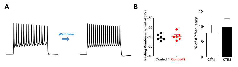 후근절 신경세포의 흥분성 억제 확인 A) current injection action potential 대표 trace. B) 25pA씩 증가하는 전류값을 세포에 처리하였을 때, 1,2번째 나타나는 action potential frequency의 큰 차이가 없었음. 이를 통해 한방 추출물 처리에 의한 신경세포 흥분성 비교가 가능함