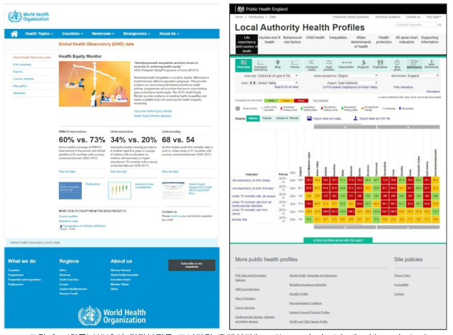 (왼쪽) WHO의 건강불평등 모니터링 홈페이지(http://www.who.int/gho/health_equity/en/) (오른쪽) 영국 런던의 Health Profiles 사이트 (http://fingertips.phe.org.uk/profile/health-profiles)