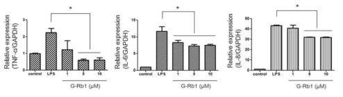 Effects of G-Rb1 on the expression of TNF-α, IL-6 and IL-8 induced by LPS. HDPCs were preincubated with G-Rb1 (1, 5, and 10 μM) for 1 h before exposure to LPS (1 μg/ml) for 24h. The mRNA levels of TNF-α, IL-6 and IL-8 were determined by real-time PCR