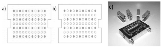 a-b) 4면체와 6면체 모양의 철사정렬 모식도 및 c) 철사간 거리를 조절(0.2-1.4 mm)한 스페이서 모습