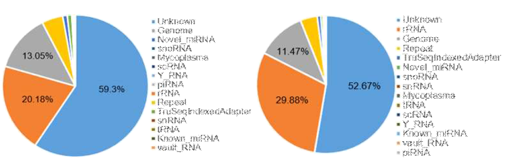 본 연구팀에서 분리한 간줄기 세포 유래 엑소좀의 RNA 구성물 확인.Negative control (좌), 간줄기세포 유래 엑소좀 (우)