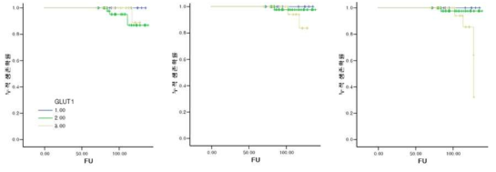 GLUT1과 유방암 예후와의 연관분석.] (좌) 국소 및 부위재발은 GLUT1의 발현강도와 큰 연관성이 확인되지 않음. (중,우) 원격전이 및 사망에 있어서 GLUT1의 발현강도가 강할수록 예후가 좋지 않음이 확인됨