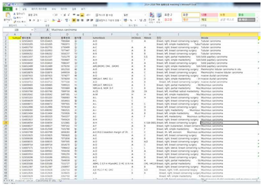 유방암으로 수술받은 환자의 명단으로 병리조직을 확인하여 블록을 확보함