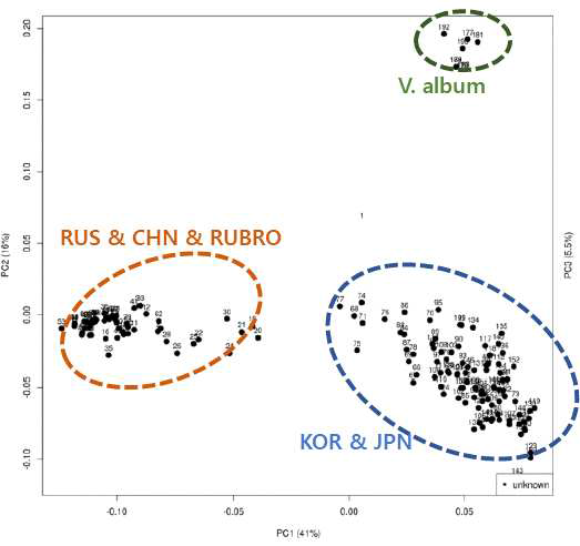 Principle components analysis plot on the 220 individual genotypes of Viscum coloratum populations and a variety V. c. var. rubroaurantiacum