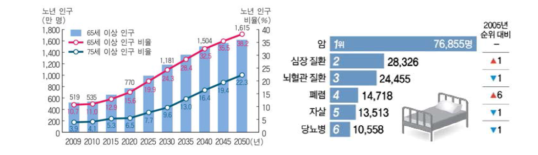 우리나라의 노령화 추세 및 사망률 추이 (출처 : 통계청)