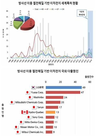 방사선 이용 겔 전해질 기반 이차전지 분야 국외 특허 등록 현황