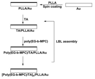 poly(EG-b-MPC)와 TA의 PLLA 표면 위로 층상자기 조립방식을 통한 방오성 표면 제작 모식도