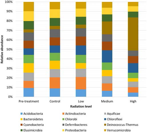 Relative abundance of major recognized bacteria phyla observed in metagenomics sequence data after exposure to different levels of gamma radiation