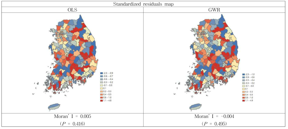 0-4세 아동 손상 사망률 (출생아 천 명당)에 대한 공간 회귀 분석의 표준화 잔차 분포