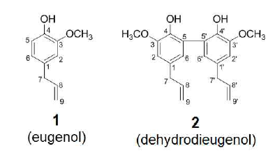 Laccase 발효에 의해 감소 (1, eugenol) 및 증가 (2, dehydrodieugenol)한 화합물의 구조