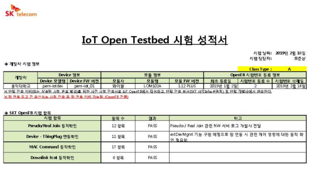 SK 텔레콤의 IoT Open Testbed 시험성적서