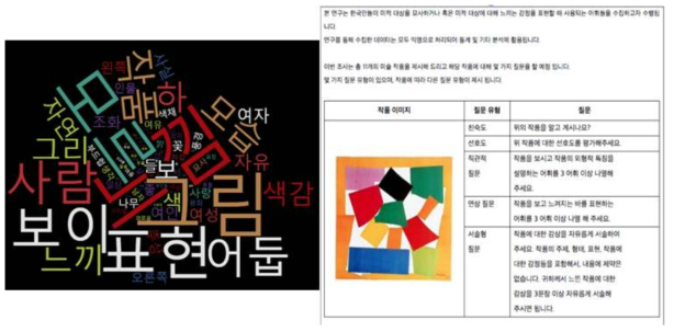 설문을 통해 수집한 단어들의 워드 클라우드 및(좌), 설문 내용의 일부(우)