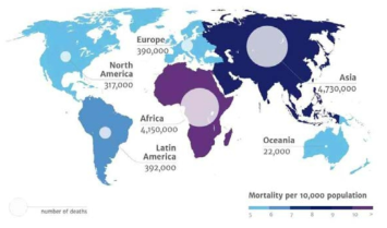 2050년도 연간 항생제 내성균에 의한 사망자 예상도 [출처: 항생제 내성균에 대한 보고서, 영국 정부, 2014]