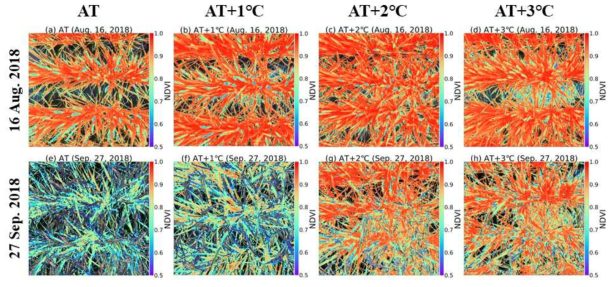 NDVI images measured by the multispectral camera on 16 August 2018 (Heading) and 27 September 2018 (Harvesting) under the different air temperature conditions. The colour was expressed when NDVI is above 0.5