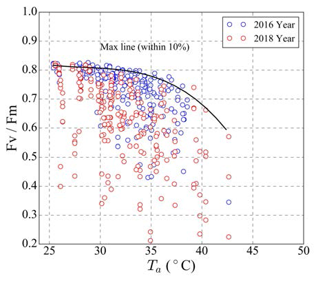 NDVI기온에 대한 PSII (Fv/Fm)의 최대 양자수율에 대한 반응