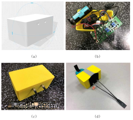 (a) 솔리드웍스를 이용한 하우징 디자인, (b) 포터블 무선 광 계측장비 시스템 내부, (c) 포터블 무선 광 계측장비 시스템, (d) 웨어러블 초박형 방사선량계 시스템
