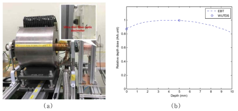 연구용 선형가속기 및 초박형 방사선량계 시스템을 이용한 실험((a) 실험 구성, (b) 피부선량 측정)