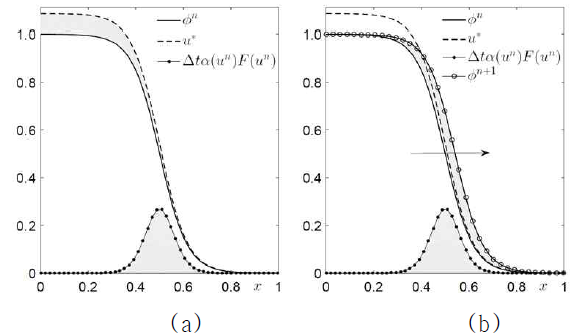 Surface-limited growth model에서 (a) 증가된 질량과 경계에 적용된 동일한 질량, (b) 경계에 더해진 질량을 가지고 칸-힐리아드 방정식을 해결한 경우 변형된 경계