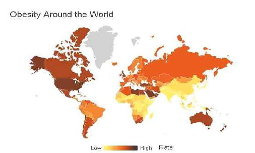 전 세계 비만 인구분포도 (세계 보건기구의 전 세계 비만 인구 분석 결과, 2014)