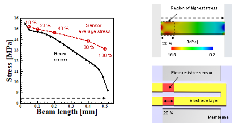 Average stress as a function of beam length and piezoresistive sensor positioned at 20% of the beam