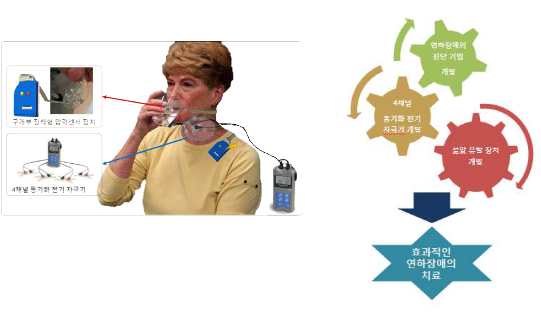 4채널 동기화 전기 자극기와 연동될 구강 내 설압 유발 장치의 개념도(좌측)와 연구의 전체 개념도(우측 그림)