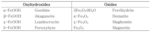 산화철 미네랄(iron oxyhydroxides 및 iron oxides)의 예