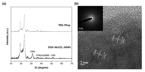 (a) MnCO3 미네랄화 나노입자의 XRD 스펙트럼 및 d-spacing
