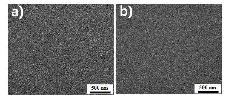 SEM을 통해 관찰한 공정 온도 변화에 따른 alucone 박막의 표면 특성 변화 (a) 70℃ (b) 150℃