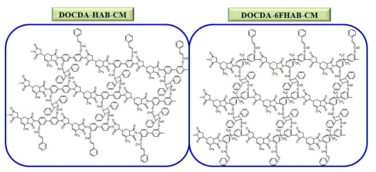 DOCDA-HAB-CM 과 DOCDA-6FHAB-CM PI 고분자의 광경화를 통한 최종 경화된 박막 구조